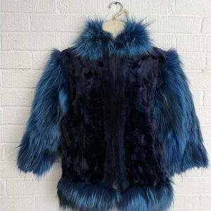 Custom Made Fox Fur Zip Up Coat with Blue Accents